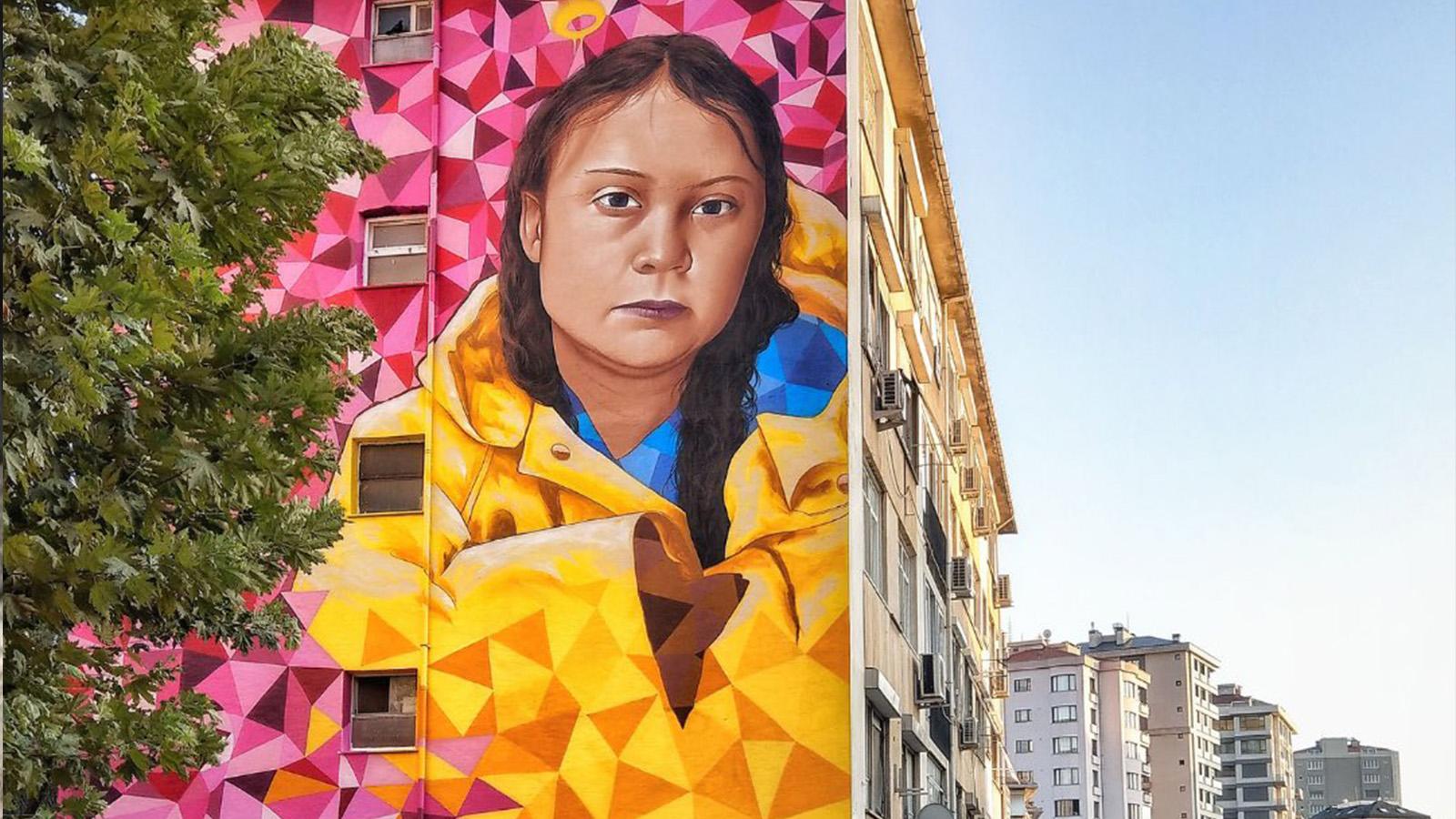 16 yaşındaki iklim aktivisti Greta Thunberg, Kadıköy duvarlarında