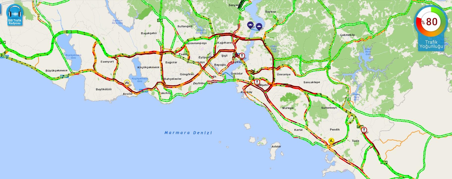 İstanbul trafiği yağışla beraber yüzde 80 yoğunluğa ulaştı