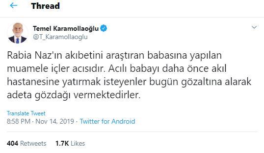 SP Genel Başkanı Karamollaoğlu: Rabia Naz'ın babasına gözdağı veriliyor