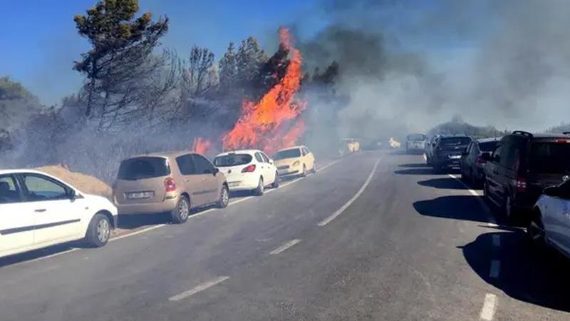 İzmir'de otluk alanda çıkan yangında 58 araç alev alev yandı