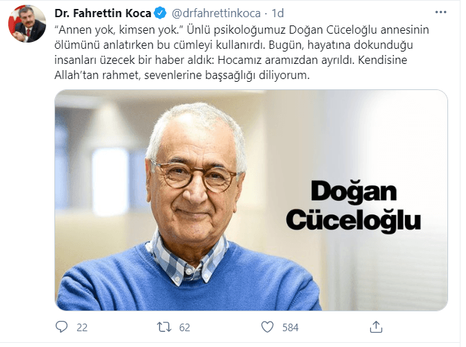 Hayatını kaybeden psikolog Doğan Cüceloğlu için çok sayıda isimden başsağlığı mesajı