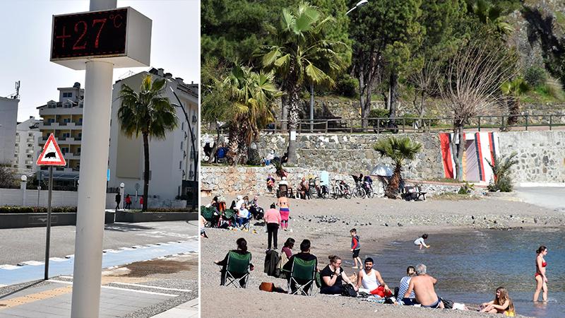 Marmaris'te hava sıcaklığı 27 dereceye yükseldi; vatandaşlar sahile koştu