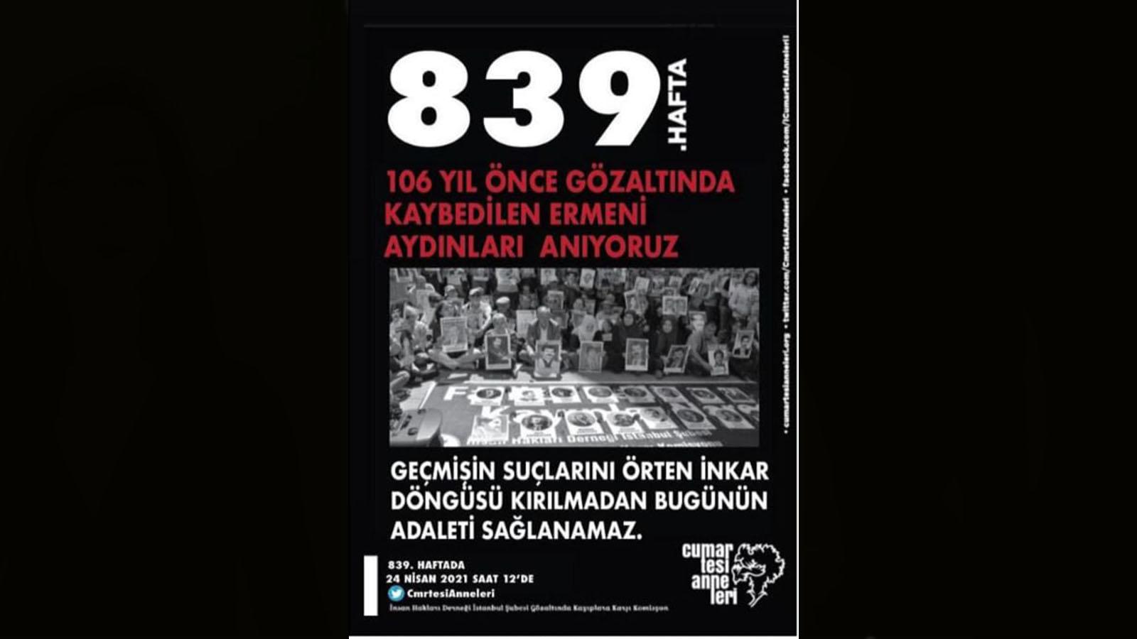 Cumartesi Anneleri 839. haftada seslendi: Gözaltına alınıp bir daha geri dönemeyen İstanbullu Ermeni aydınları anıyoruz