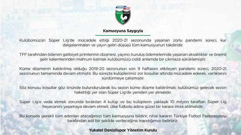 B.B. Erzurumspor'dan sonra Denizlispor da küme düşmenin kaldırılmasını istedi!