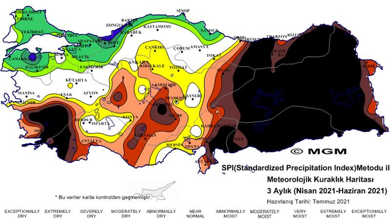 Meteoroloji'nin yangınlardan önce paylaştığı haritalarda, bugün yanan ormanların bulunduğu bölge için 'olağanüstü kuraklık' ve 'nemsizlik' uyarısı var