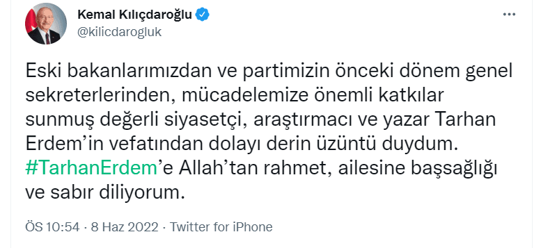 Hayatını kaybeden Tarhan Erdem için başsağlığı mesajları: Demokrat kişiliği, ilkeli duruşu ve siyasi yaşama özgün katkılarıyla anımsanacak