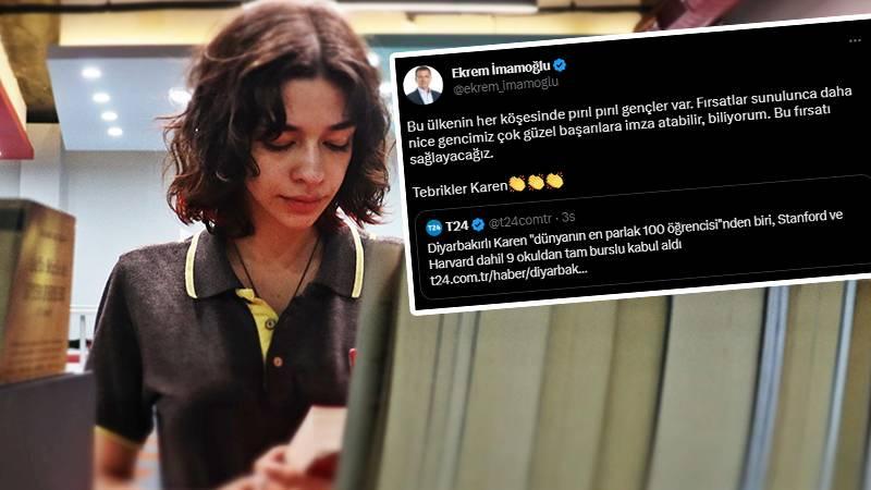 İmamoğlu, dünyanın en parlak 100 öğrencisinden biri olan Diyarbakırlı Karen'i tebrik etti: Nice gencimiz çok güzel başarılara imza atabilir...